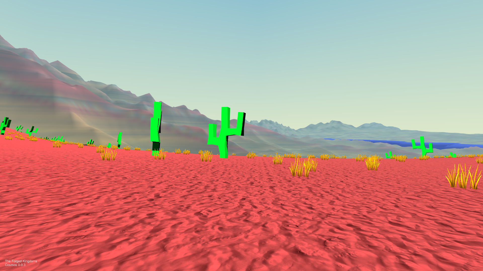 "First person gameplay screenshot from Forged Odyssey, set in a desert" 