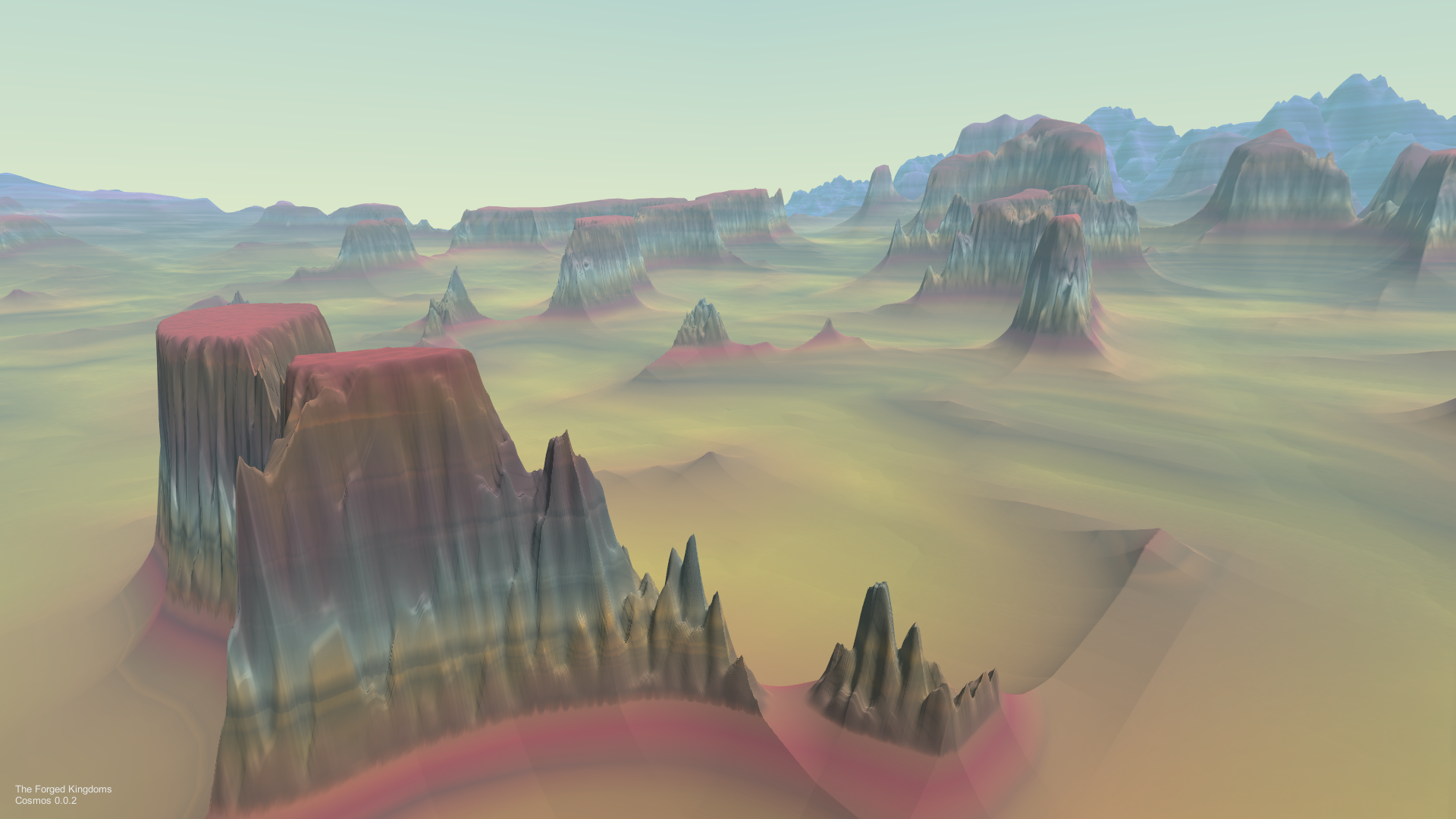 "In the air screenshot of colorful mesas in Forged Odyssey" 