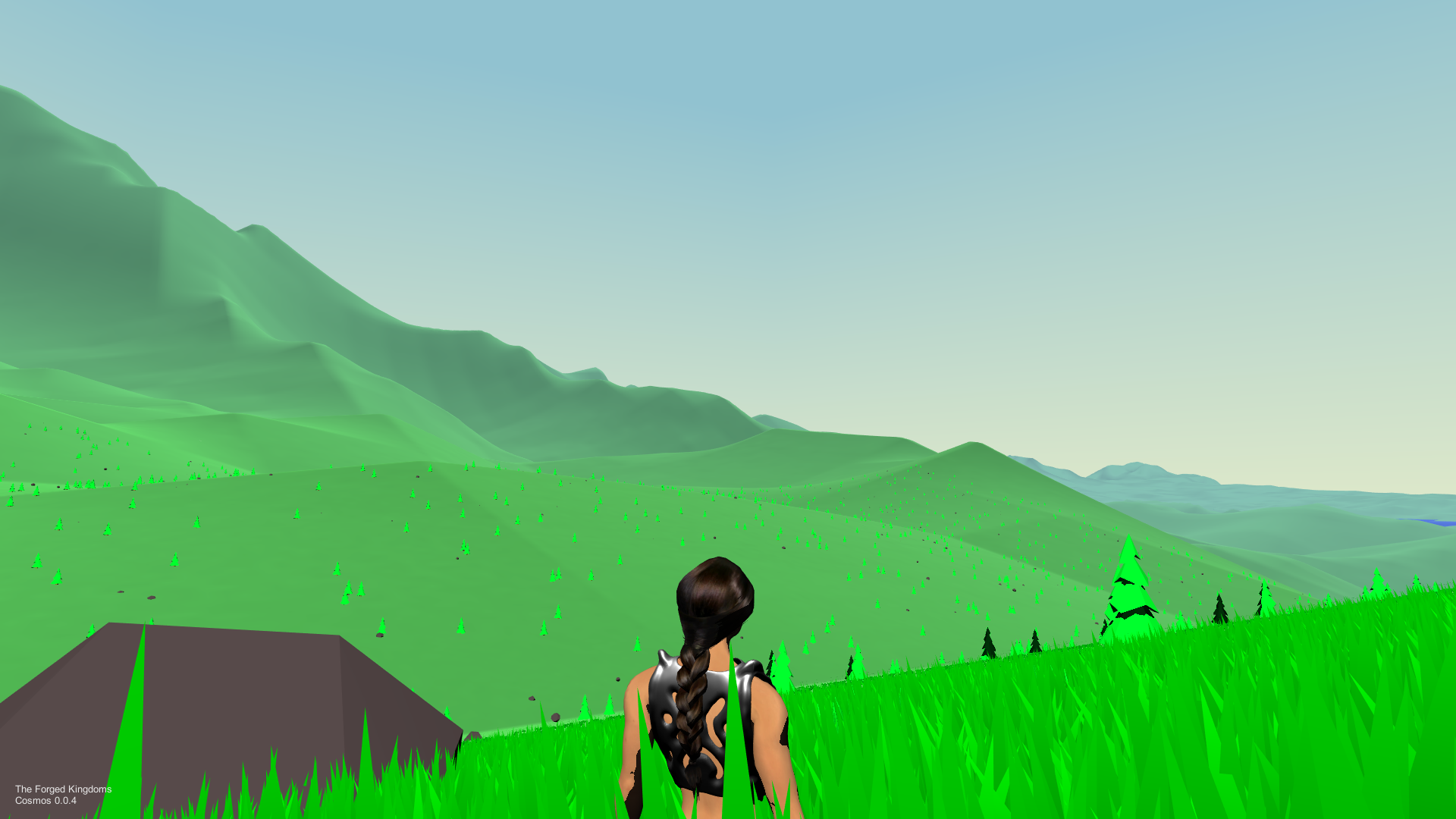 "Over the shoulder gameplay screenshot from Forged Odyssey, set in a grassy meadow"